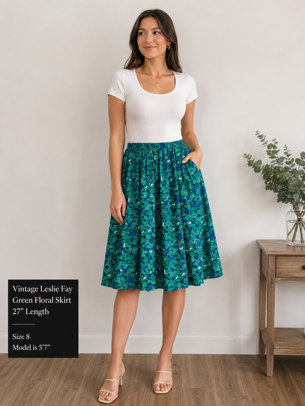 Vintage Leslie Fay Green and Blue Floral Midi Skirt Elasticized Waist Size 8